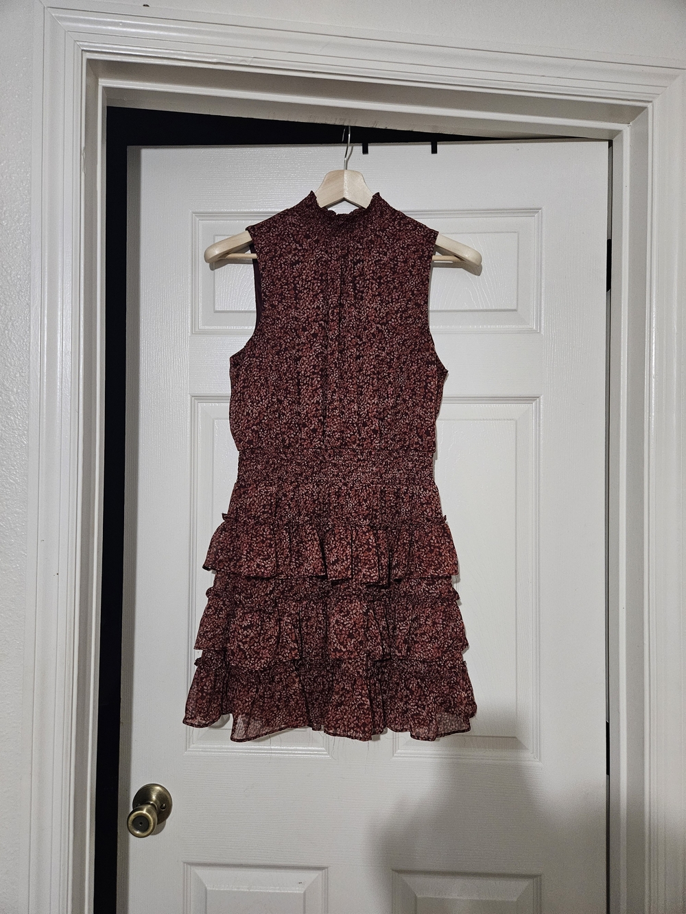STATE Burgundy Floral Tiered Ruffle Mini Dress